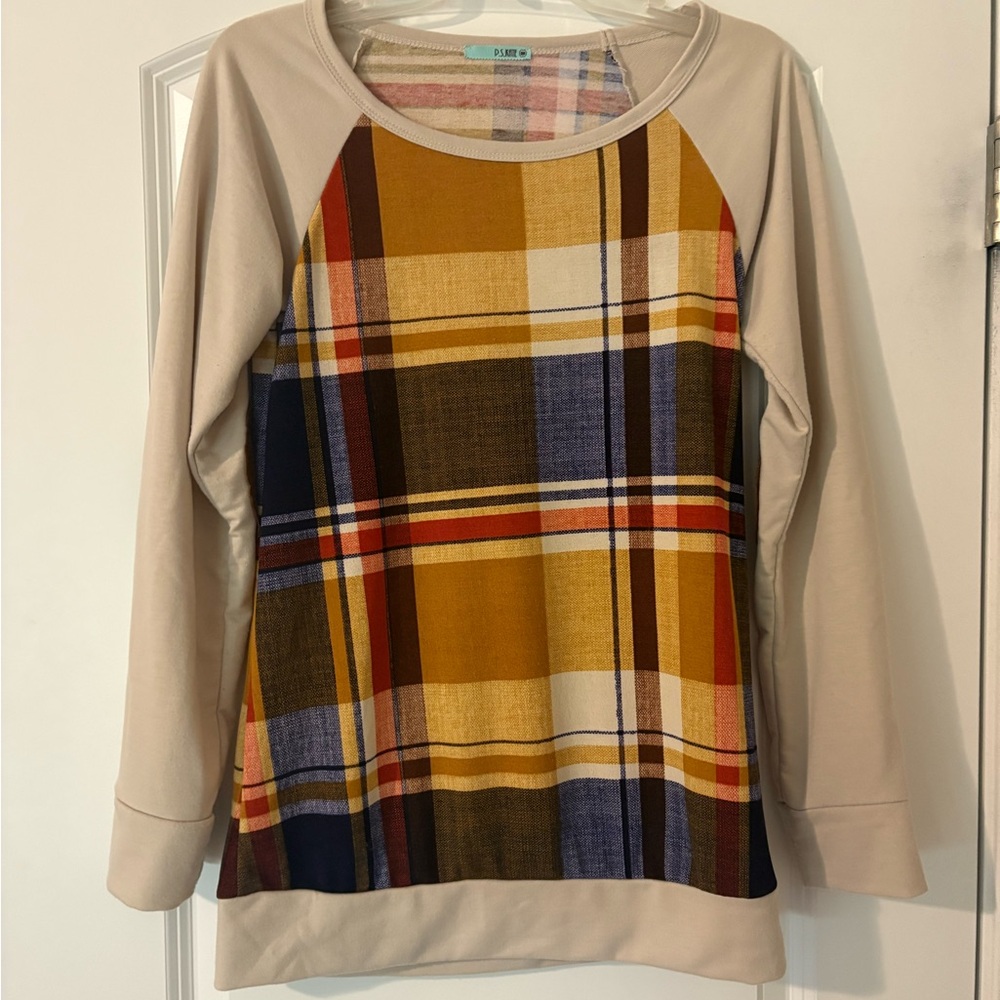 Plaid Long Sleeve Top with Beige Sleeves
